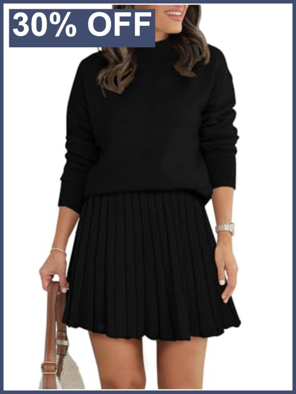 Pleated Mini Skirt Set Mock Neck Long Sleeve Knit Two Piece Outfit